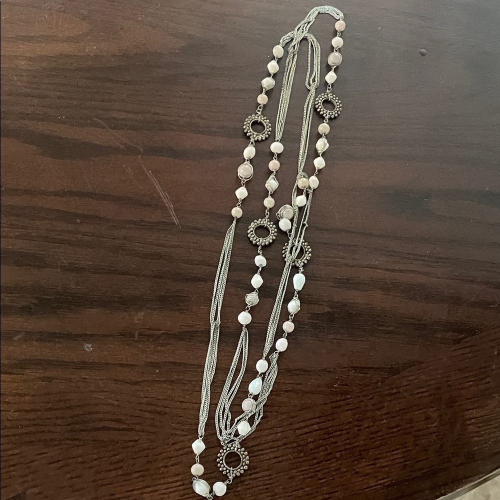 Multi-Strand Silver and Pearl Bead Necklace